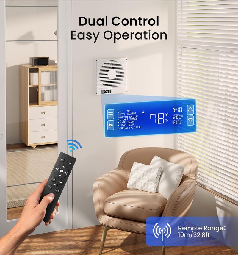 KOVIET 8" Room to Room Ventilation Fan with Remote, Quiet Reversible Through the Wall Air Transfer Fan, 10-Speed Smart Exhaust Vent, Temperature Control, ETL Certified for Bedroom, Kitchen, Laundry - Image 4